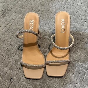 XOXO Beige Heeled Sandals with Rhinestone Straps
